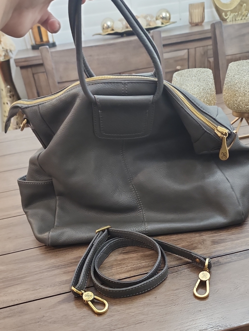 HOBO Gray Leather Hobo Bag with Floral Lining and Removable Strap